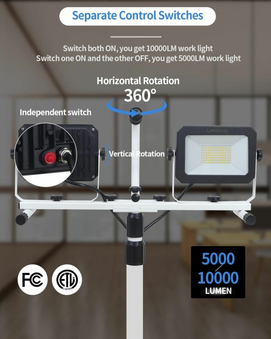 Home Improvement UFOND | Ufond 10000 Lumen Led Work Light With Stand,Detachable Waterproof Dual Head Work Lights,Individual Switch Floodlight With Telescopingtripod,Work Lamp With Power Cord For Construction Site