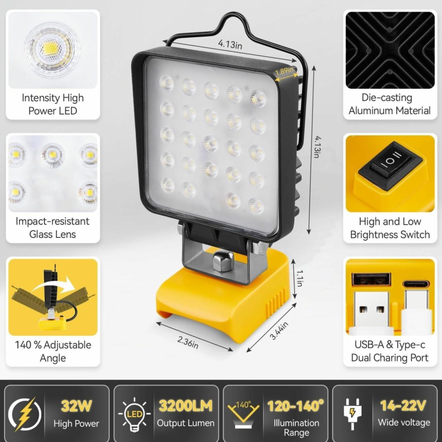 Home Improvement Pxceiut | Led Work Light For Dewalt 18V 20V Battery, 32W 3200Lm/16W 1600Lm Flashlight, Cordless Led Flood Light, Battery Lithium Light With Usb&Type-C Charging Port For Camping, Outdoors, Workshop (32W)