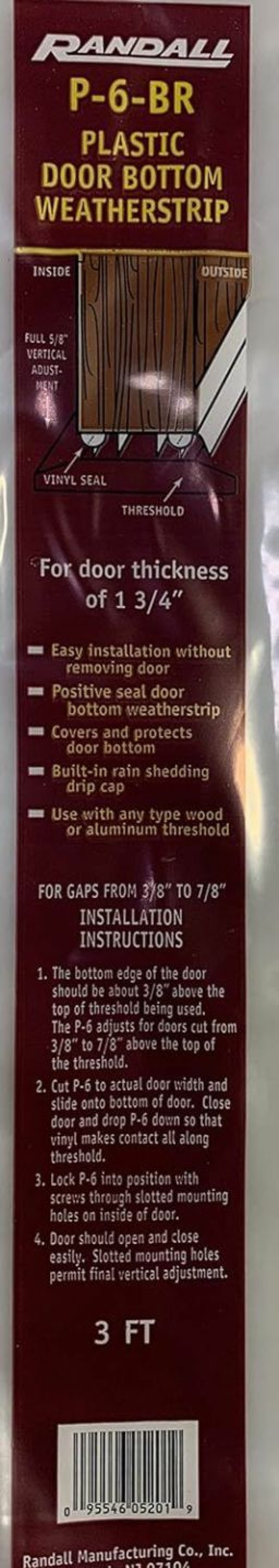 Home Improvement Randall | Randall Manufacturing Co., Inc | Pvc Slide-On Door Bottom | Adjustable Plastic Weatherstrip Door Bottom With Drip Cap | 3 Feet | For 1 3/4" Doors | Brown | Fits Gaps 3/8" To 7/8" | Made In The Usa