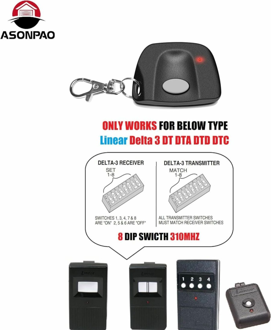 Home Improvement ASONPAO | Asonpao Linear Delta 3 (Dt Dta Dtd Dtc Dnt00002A) 8 Dip Switch 310Mhz Garage Door Remote (1Pack)