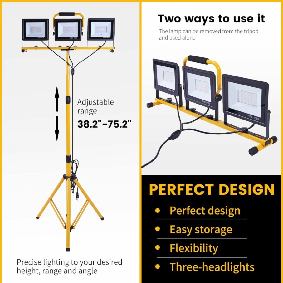 Home Improvement Aiptertet | 22500 Lumen Work Lights With Stand, 3 Adjustable Head Led Work Light, With 38.2\"- 75.2\" Adjustable And Foldable Tripod Stand, Waterproof Lamp With Individual Switch With 7500 Kelvin Color Temperature