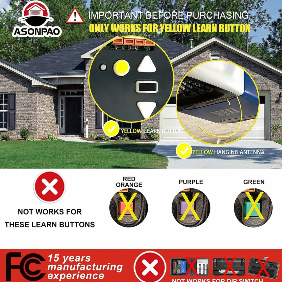 Home Improvement ASONPAO | Asonpao 891Lm 893Lm 953Estd 950Estd 41A7633 Remote Only For A Yellow Learn Button Of Liftmaster/Chamberlain/Sears Craftsman Garage Door Openers Security+ 2.0 Myq(2Pack)