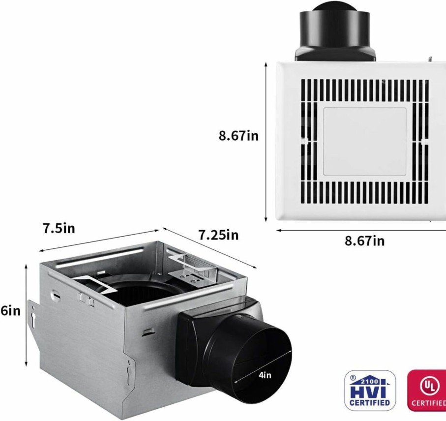 Home Improvement Tech Drive | Tech Drive Bathroom Fan With Light 50 Cfm 1.0Sone No Attic Access Needed Installation,Very Quiet Bath Ventilation And Exhaust Fan With Led Light 4000K 600Lm, 4Inch Duct