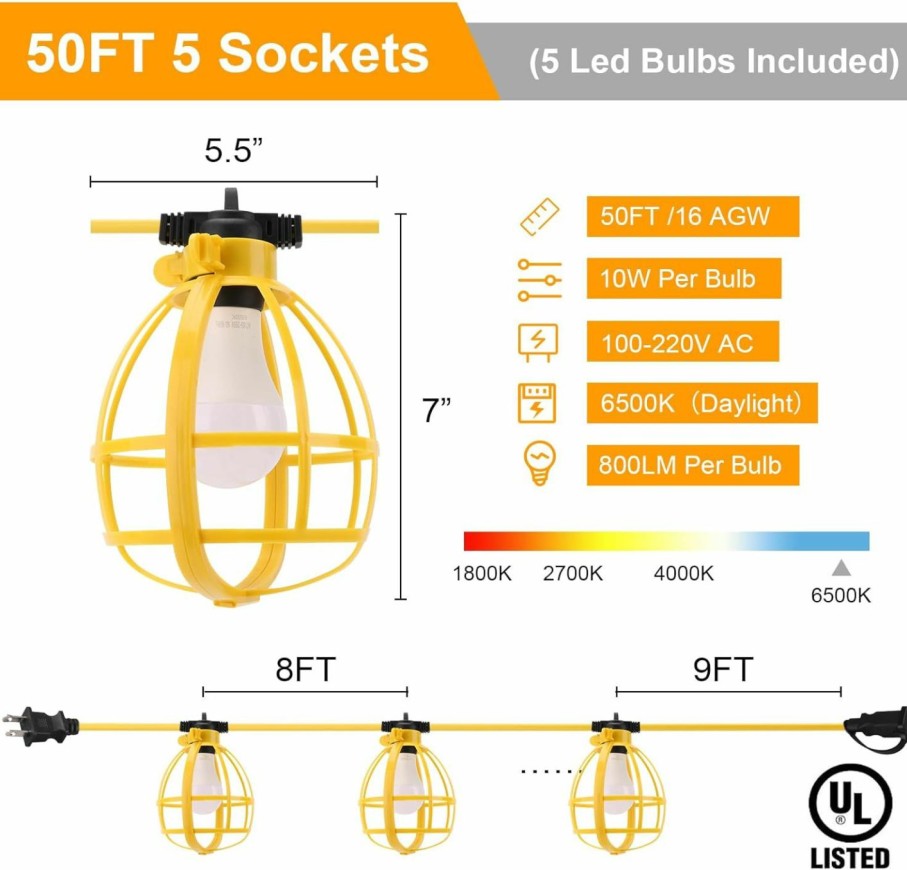 Home Improvement Yaoledly | Yaoledly 50Ft Construction String Lights, 50W 5 Bulbs Work Lights With E26 Base, Ip65 Waterproof, 4000Lm 6500K Indoor & Outdoor Temporary Lighting For Workshop, Mine Cave, Job Site