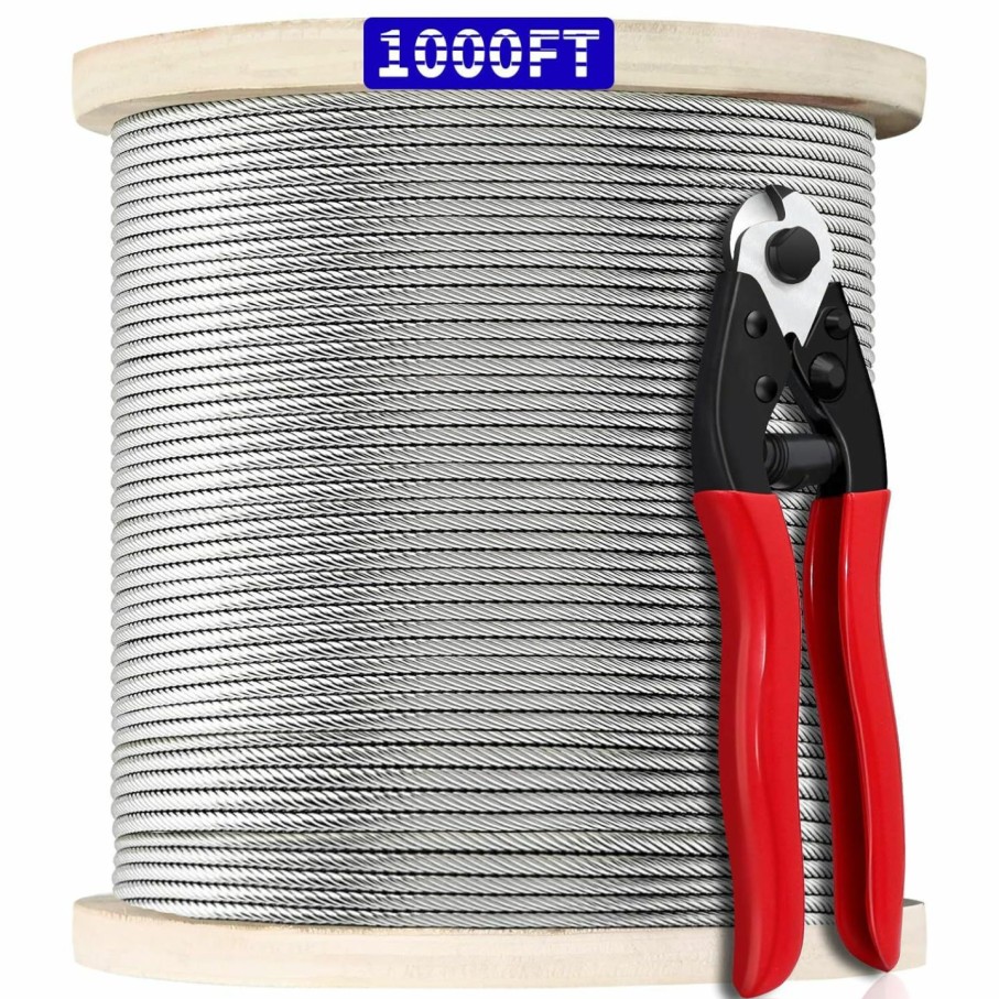 Home Improvement Azdele | 1000Ft 1/8\" T316 Stainless Steel Cable, Wire Rope Aircraft Cable For Deck Cable Railing Kit, 7 X 7 Strands Construction,Diy Balustrades, Come With A Cutter…