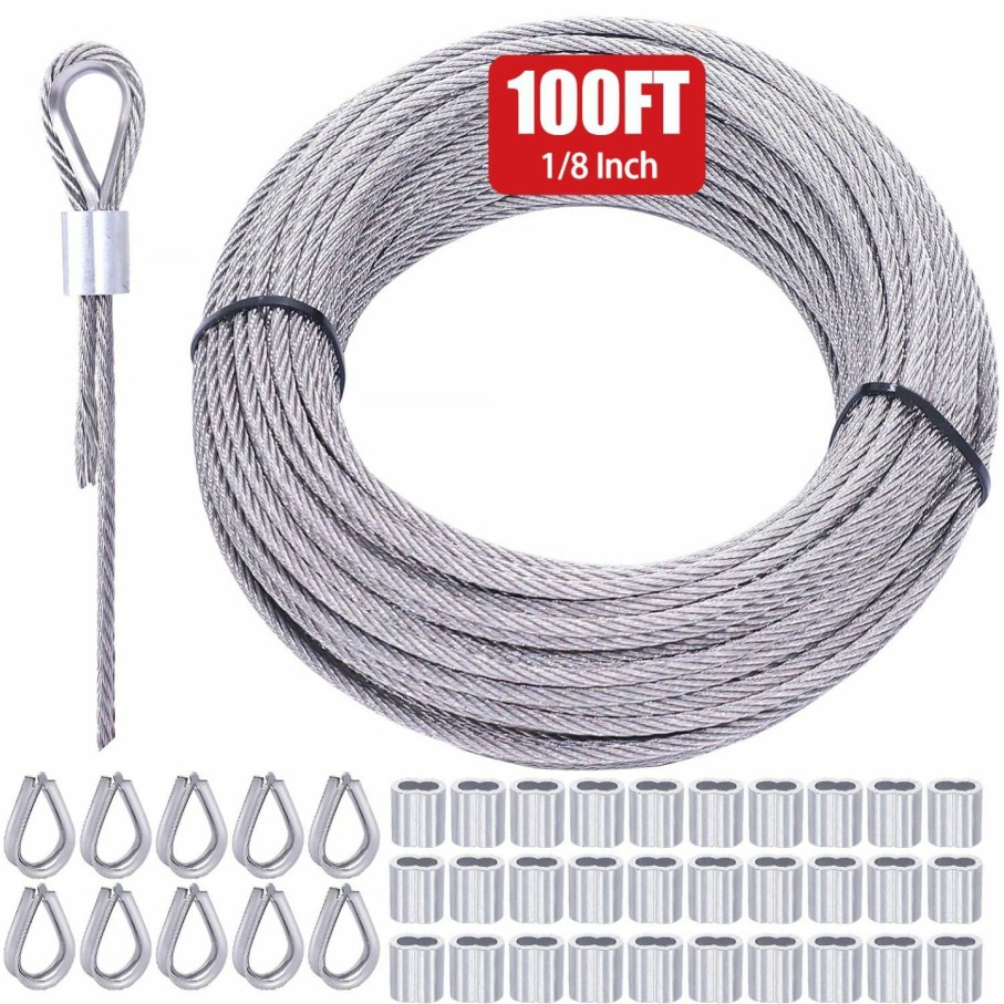 Home Improvement Twidec | Twidec/100Ft 1/8\" T316 Stainless Steel Cable For Deck Cable Railing 7X7 Steel Wire Rope Construction With 30Pcs Wire Rope Crimping Loop Sleeves 10Pcs Wire Rope Thimbles For Diy Balustrades Handrail