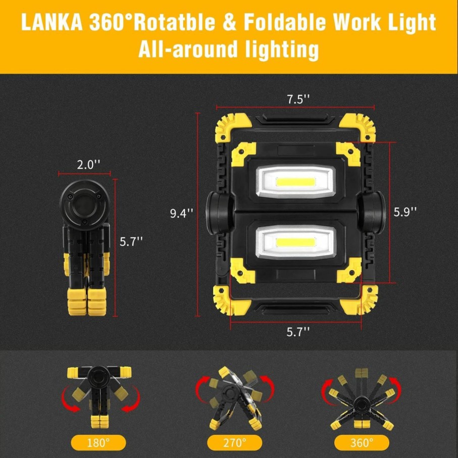 Home Improvement LANKA | Lanka Led Work Light Rechargeable, 2000Lm Portable Folding Work Light Magnetic Cob Led Flashlight Usb Power Bank, Work Lights For Camping, Car Repairing, Emergency Job Site Lighting