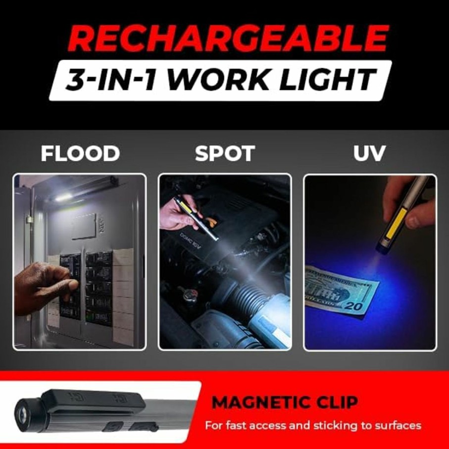 Home Improvement GearLight | Gearlight Rechargeable 3-1 Led Cob Work Light With Magnetic Back - This Handheld Flashlight Has 3 Modes A Pen Light, Flood Light, And 365Nm Uv Light - Compact Stocking Stuffer Christmas Gift For Men