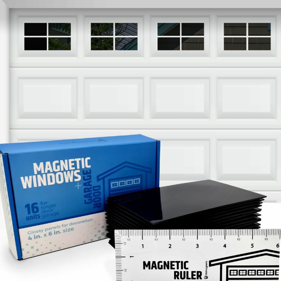 Home Improvement HMmagnets | Strong & Glossy Magnetic Garage Door Windows - Looks Like Real Window Panels/Faux Panes - Decorative Hardware Kit - Easy To Align & Will Never Fall (Upgraded Magnets) | Fits 2 Car Garage | 32Pcs 4\"X6\"