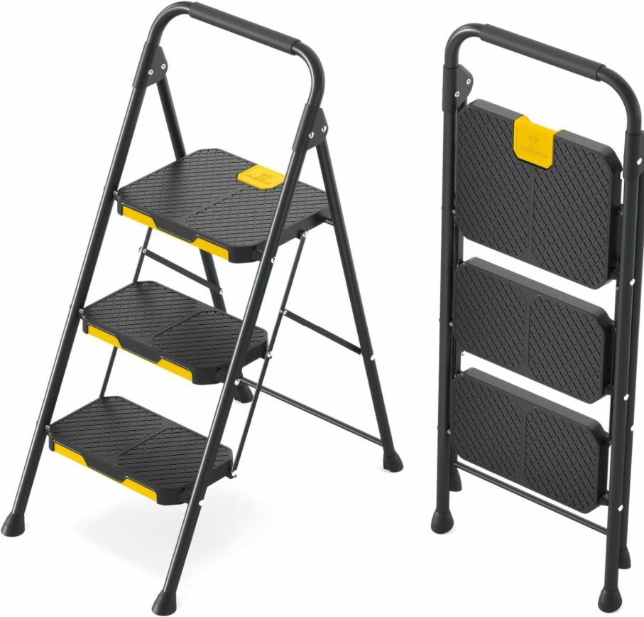 Home Improvement KINGRACK | Kingrack 2 Step Ladder, Sturdy Steel Step Stool With Safe-Lock Design, Handrail, Anti-Slip Wide Pedals, Pass 800Lbs Load Testing, Folding Portable Ladder For Multi-Purpose, Home, Kitchen, Black