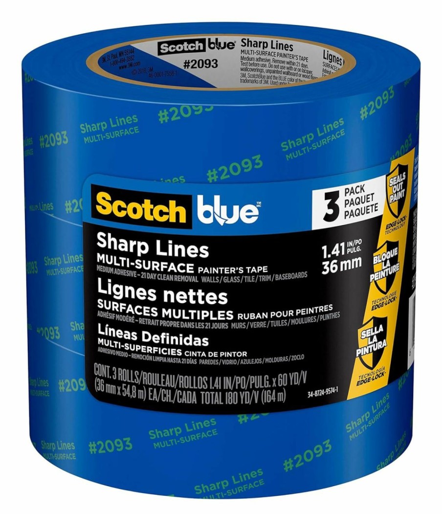 Home Improvement Scotch | Scotchblue Sharp Lines Multi-Surface Painter'S Tape, 1.41 Inches X 60 Yards, 3 Rolls, Blue, Paint Tape Protects Surfaces And Removes Easily, Edge-Lock Painting Tape For Indoor And Outdoor Use