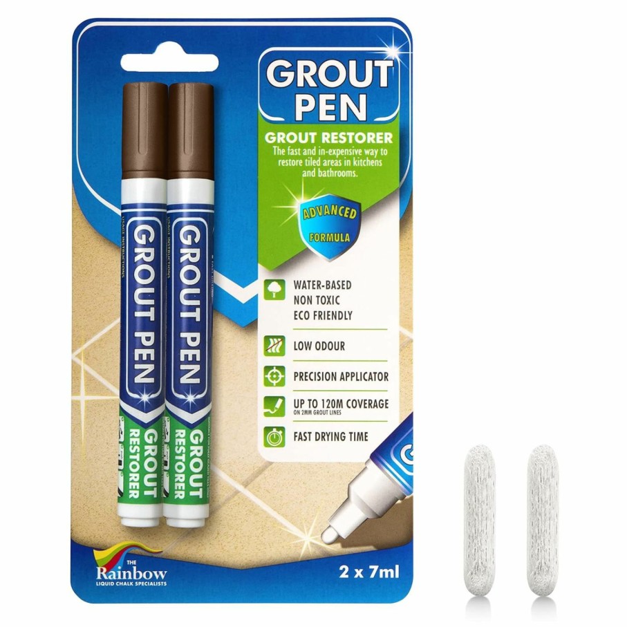 Home Improvement Rainbow Chalk Markers Limited | Grout Pen Brown Tile Paint Marker: Waterproof Grout Paint, Tile Grout Colorant And Sealer Pen - Narrow 5Mm, 2 Pack With Extra Tips (7Ml) - Brown