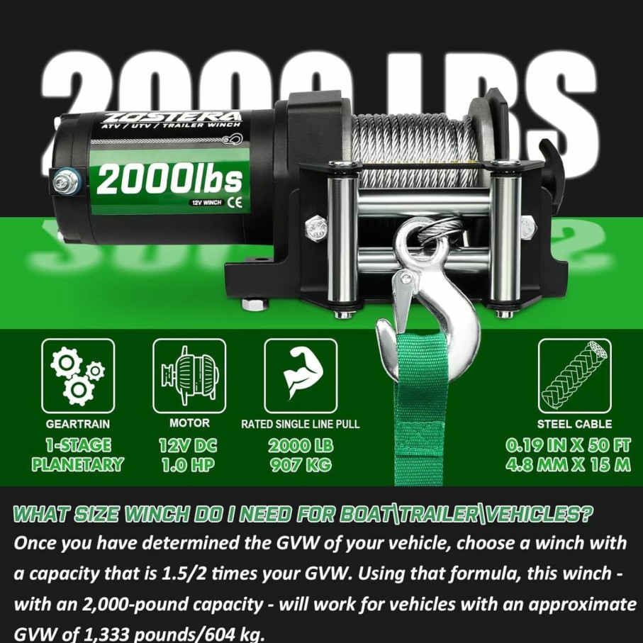 Home Improvement Zostera | Zostera 12V Electric 2000 Lb Winch For Atv Utv Trailer Boat Winch Steel Cable Waterproof With Switch Remotes Control And Mounting Bracket,Small Towing Pulling Winches With Automatic Brake