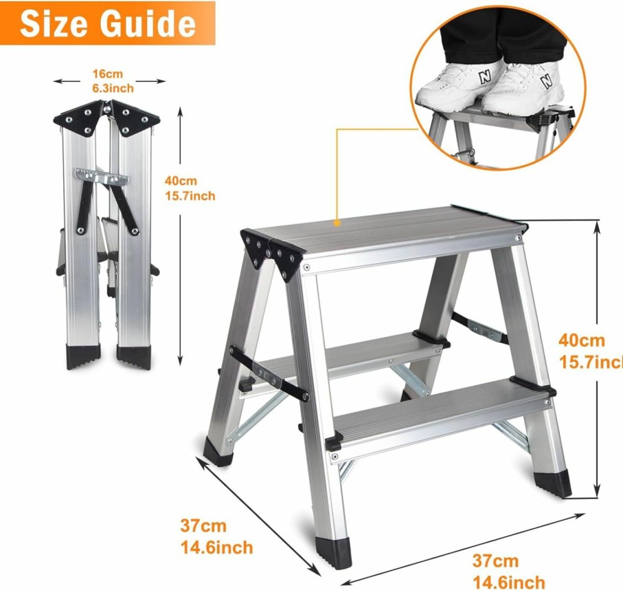 Home Improvement CHEAGO | Two Step Ladder - Folding Small 2 Step Stool 330Lbs With Non-Slip Feets, Aluminum Lightweight Metal Step Stool By Cheago, Portable Solid Handy Work Ladder For Home, Kitchen, Rv, Garage