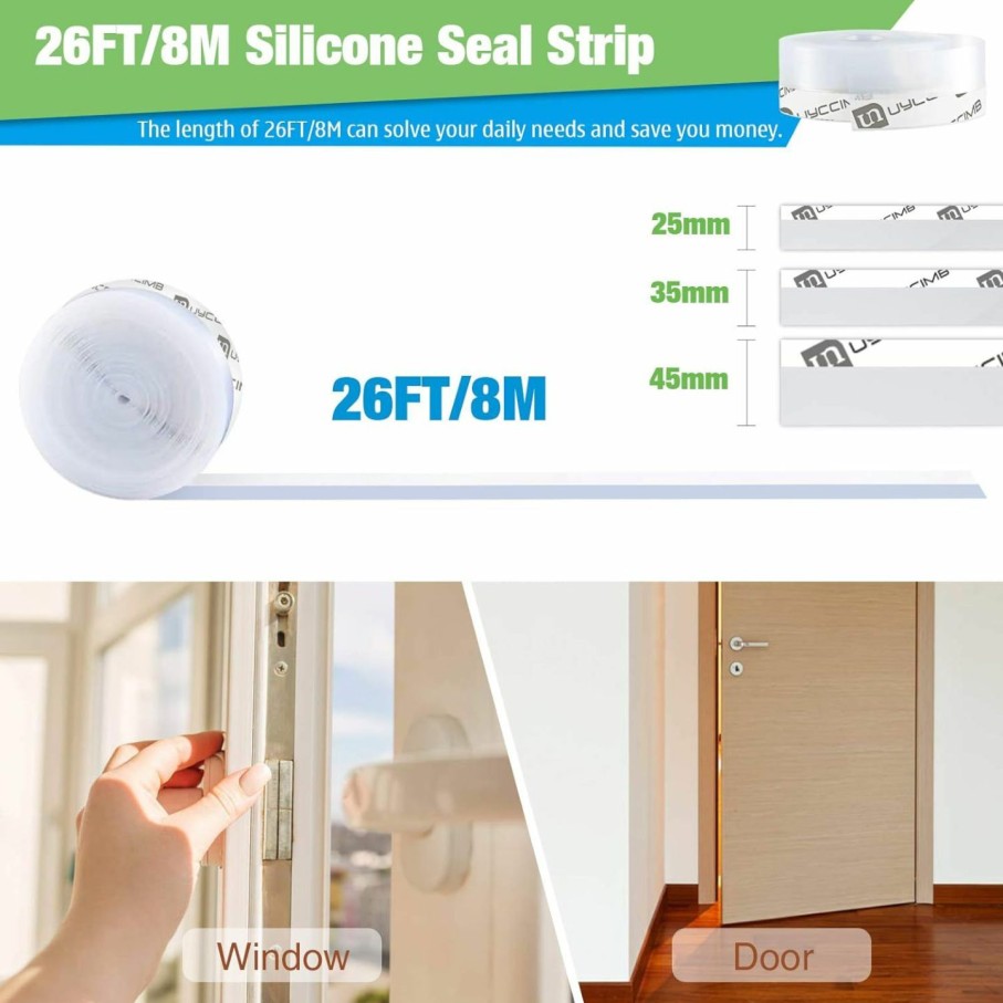 Home Improvement UYCCIMB | 26 Feet Silicone Door Seal,Seal Strip Tape,Door Strip Bottom For Weatherproof Soundproof Adhesive Sealing Strip For Gaps Of Windows And Doors (25Mm, Transparent)