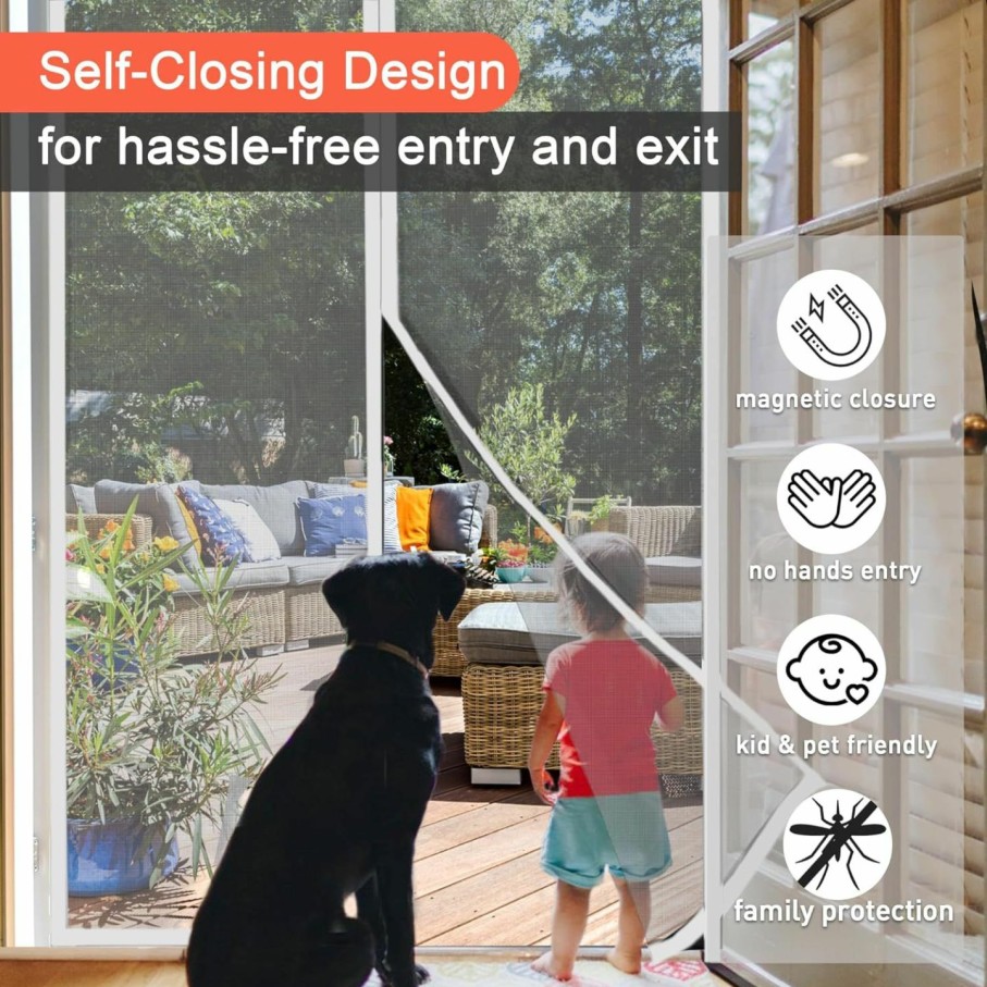 Home Improvement TONOS | Magnetic Screen Door - Heavy-Duty Fiberglass Screen Door Mesh With Self-Closing Magnetic Closure, Door Net Screen With Magnet, Fit Up To 36 X 80 In Door.