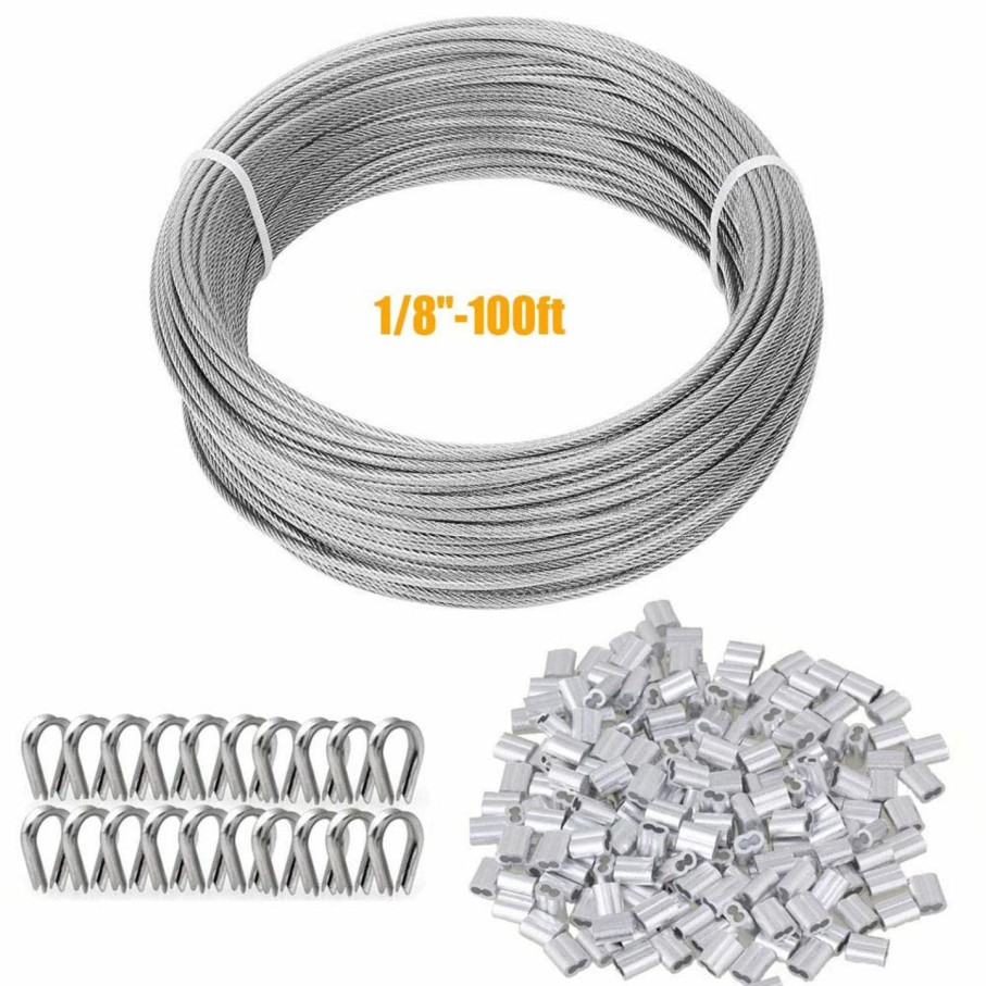 Home Improvement TooTaci | Tootaci 1/8\" Wire Rope Kit,100Ft 1/8 Stainless Steel Cable Coated,1/8 Inch Aircraft Cable,1/8 Steel Cable With 50Pcs 1/8 Crimping Loops,20Pcs Steel Thimble,For Cable Railing,Shade Sail,Outdoor Hanging