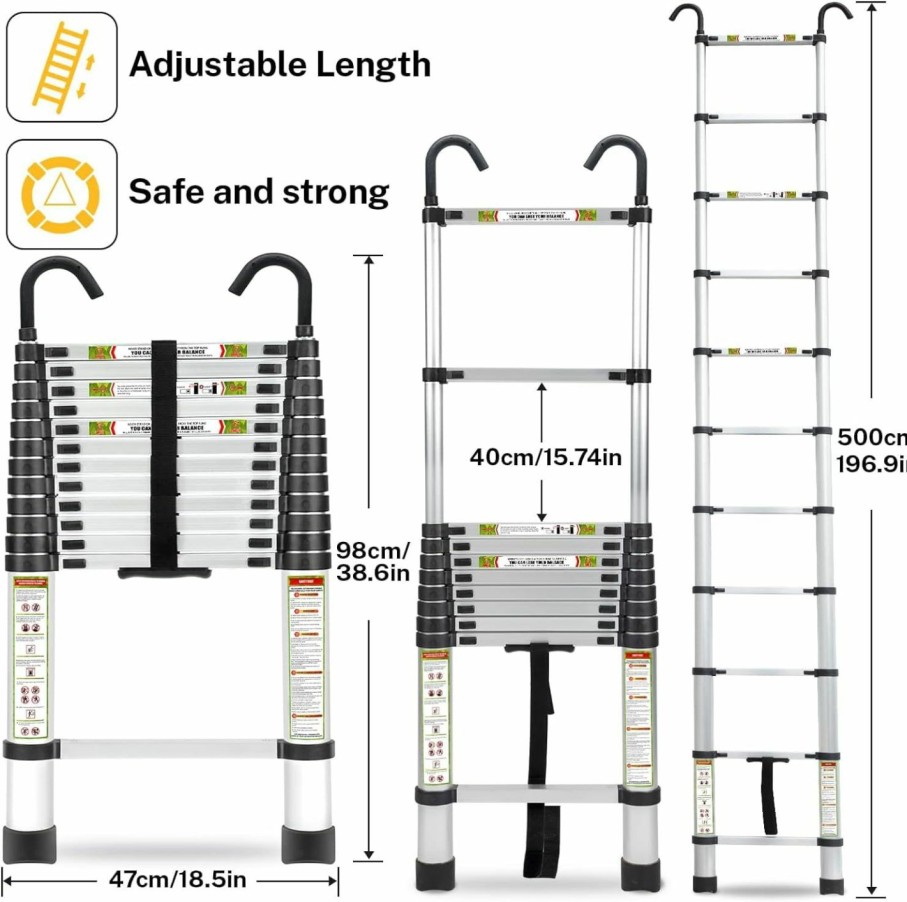 Home Improvement RIKADE | Telescopic Ladder, 8.5Ft Rikade Aluminum Telescoping Ladder With Non-Slip Feet And Stable Hook, Portable Extension Ladder For Household And Outdoor Working, 330Lb Capacity Black