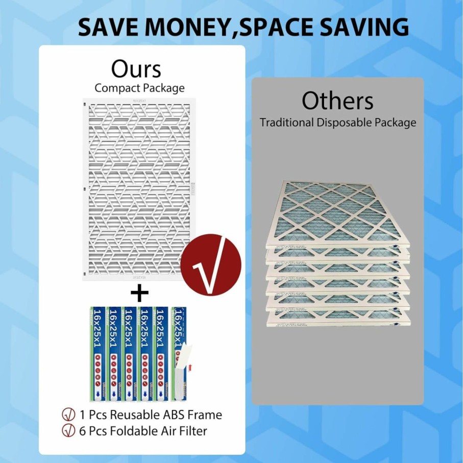 Home Improvement UBeesize | Ubeesize Reusable 16X25X1 Air Filter(6-Pack),Upgrade Ac/Hvac/Furnace Filter,Merv 8,Mpr 700,Easy To Close/Open,1Xreusable Abs Frame+6Xreplaceable Filter(Actual Size: 15.63X24.72X0.87 Inch)