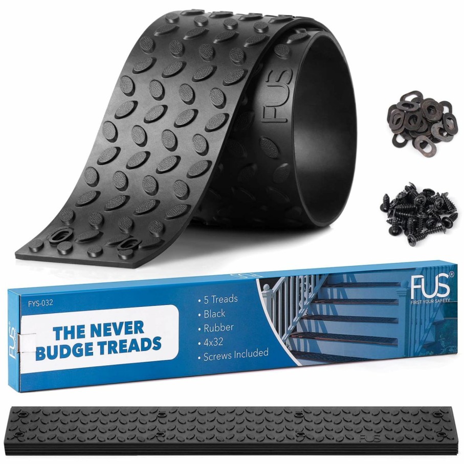 Home Improvement FUS FIRST YOUR SAFETY | Outdoor Rubber Stair Tread - 4X32-Inch Textured Non-Slip Mat For Staircase - Heavy Duty Anti Skid Strip For Outside Use - 5 Black Rubber Tread With Screws And Washers Included