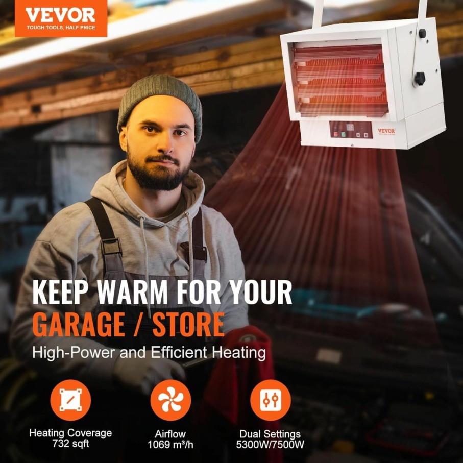 Home Improvement VEVOR | Vevor Electric Garage Heater, 7500-Watt Digital Fan-Forced Wall/Ceiling Mount Shop Heater, With Remote Control Overheat Protection, Hardwired Heater With 9-Hour Timer, Ideal For Workshop, Etl Listed