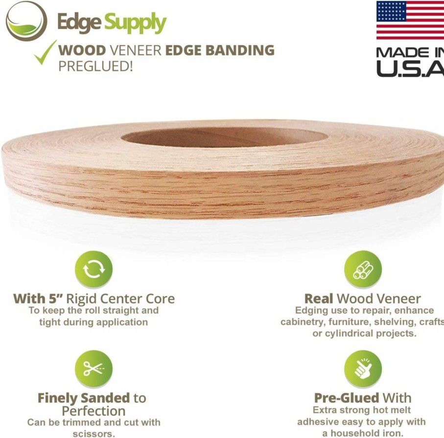 Home Improvement Edge Supply | Edge Supply Red Oak 3/4 Inch X 50 Ft Roll Of Plywood Edge Banding Pre-Glued Real Wood Veneer Edging Flexible Veneer Edging Easy Application Iron-On Edge Banding For Furniture Made In Usa